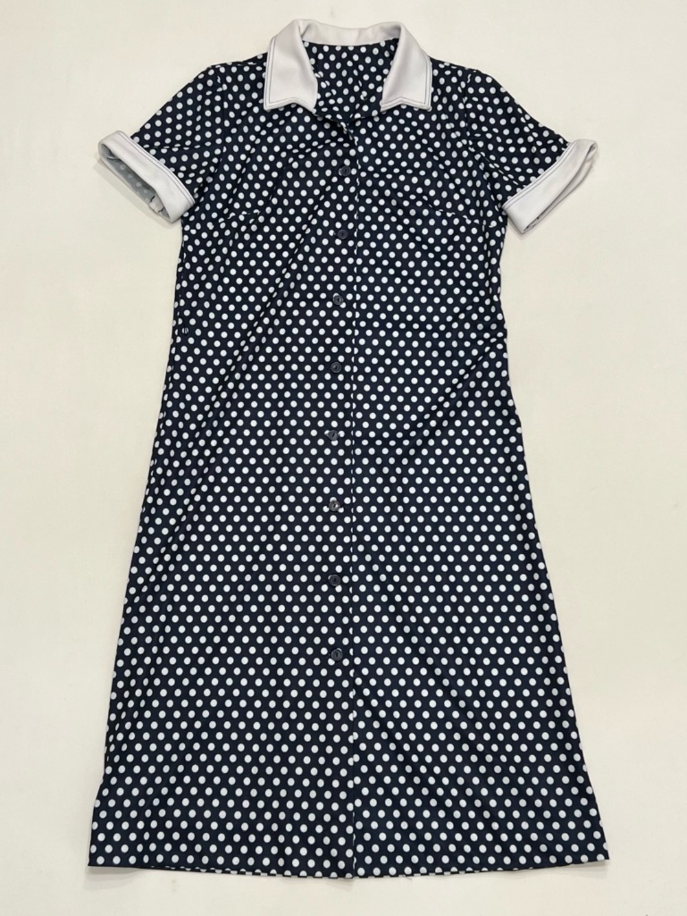 Vintage Button Front Shirt Dress Sz 14 Navy White Polka Dot Retro Summer